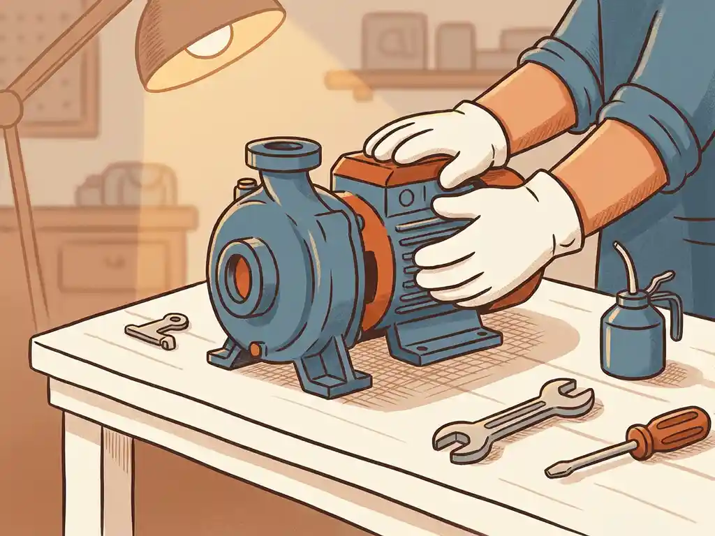 Technicus inspecteert industriële pomp op werkbank, omringd door gereedschap in staal blauw en warm oranje illustratiestijl.