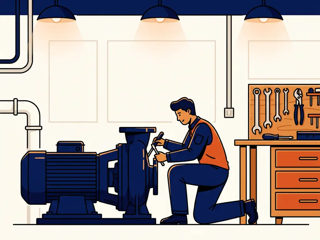 Technicus inspecteert industriële pomp in werkplaats met gereedschap op houten werkbank, illustratie in marineblauw en oranje.