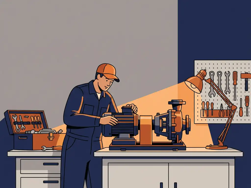 Technicus die een grote industriële pomp hermonteert op een werkbank, met gereedschap netjes gerangschikt in een warme werkplaats.
