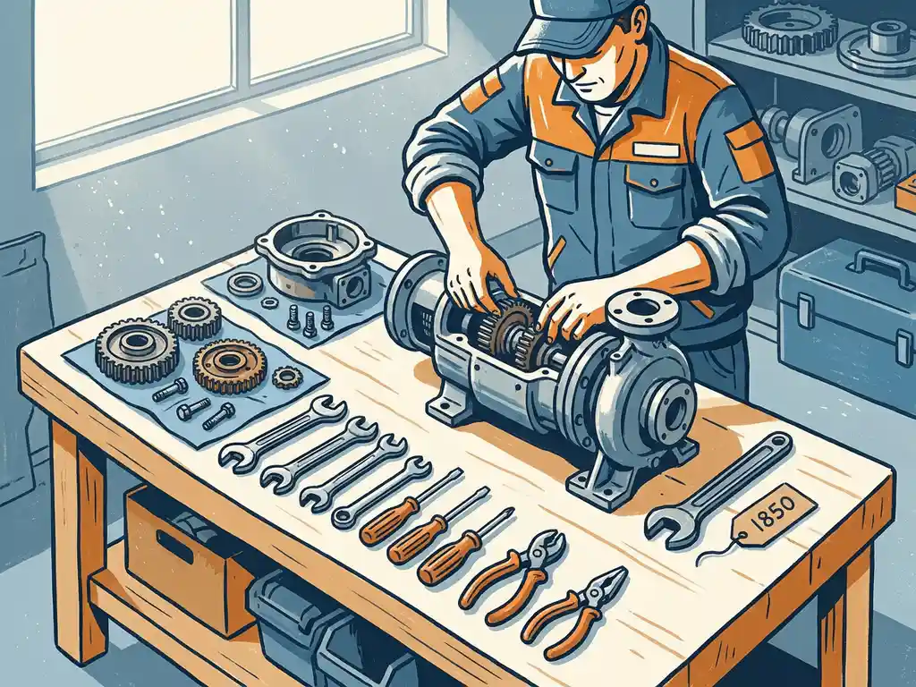 Technicus demonteert industriële pomp op werkbank met gereedschap, versleten onderdelen en prijskaartje zichtbaar.