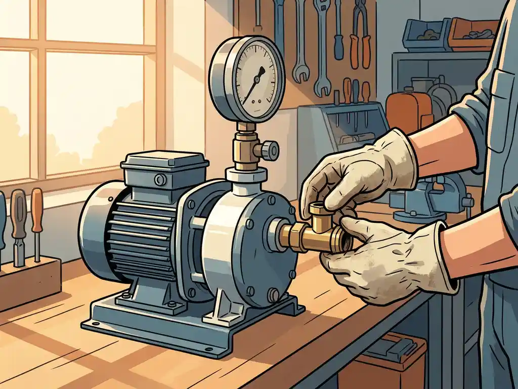 Technicus inspecteert pijpaansluiting van industriële pomp met manometer op werkbank in warm verlichte werkplaats.