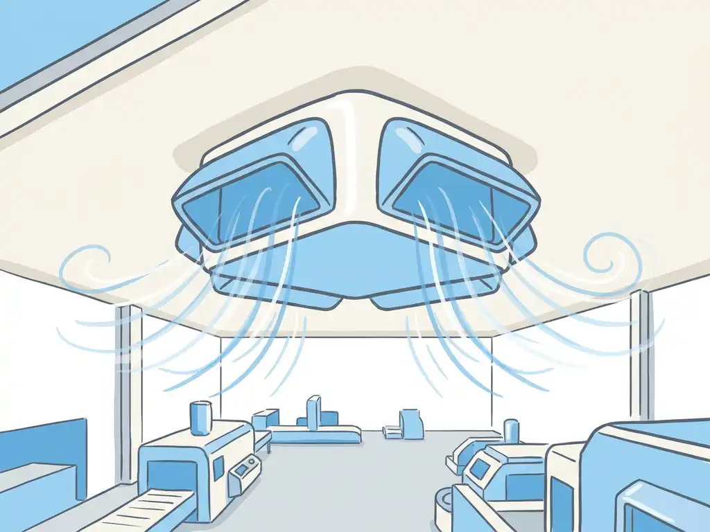 Industriële ventilatieunit aan fabrieksplafond met luchtstroomvisualisatie in blauw, wit en staalgrijs.