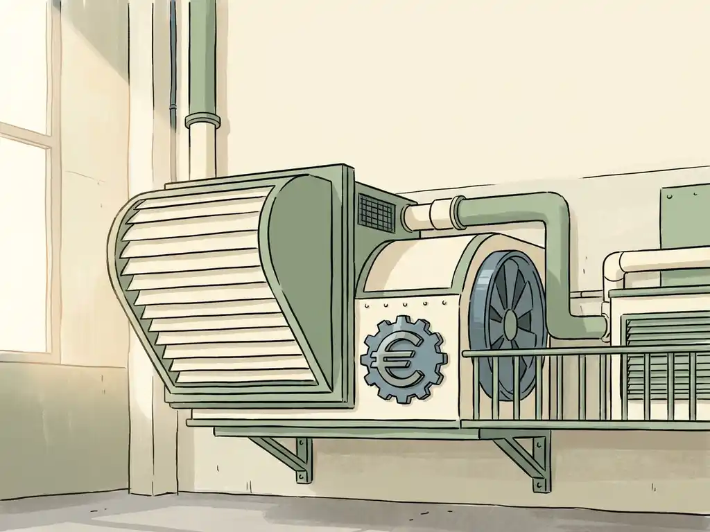 Industriële ventilatieunit op fabriekssmuur in saliegroen en crème, met staalblauwe accenten en decoratief tandwiel als eurosymbool.