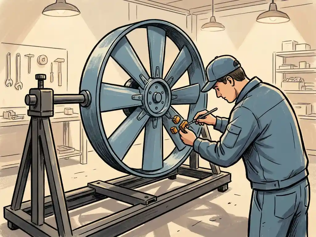 Technicus stelt contragewichten af op een industriële ventilator in een balanceermal tijdens onderhoud in een werkplaats.