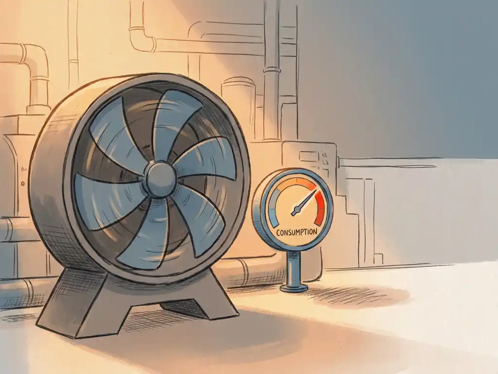 Industriële ventilator met draaiende bladen in een fabriek, energiemeter toont stijgend verbruik, warme werkplaatsverlichting.