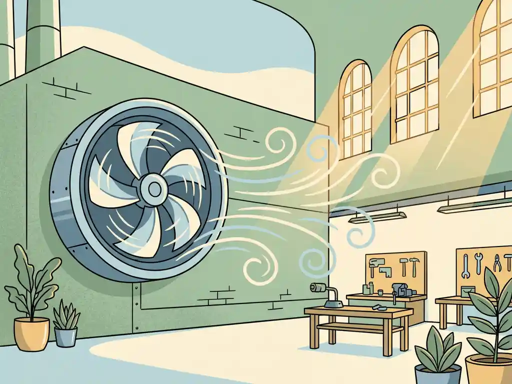 Industriële ventilator op fabriekssmuur circuleert frisse lucht in zonnige werkplaats met hoge ramen.