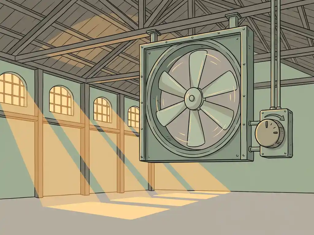 Industriële plafondventilator in fabriekshal met warm invallend licht en regelwiel voor luchtstroomregeling.