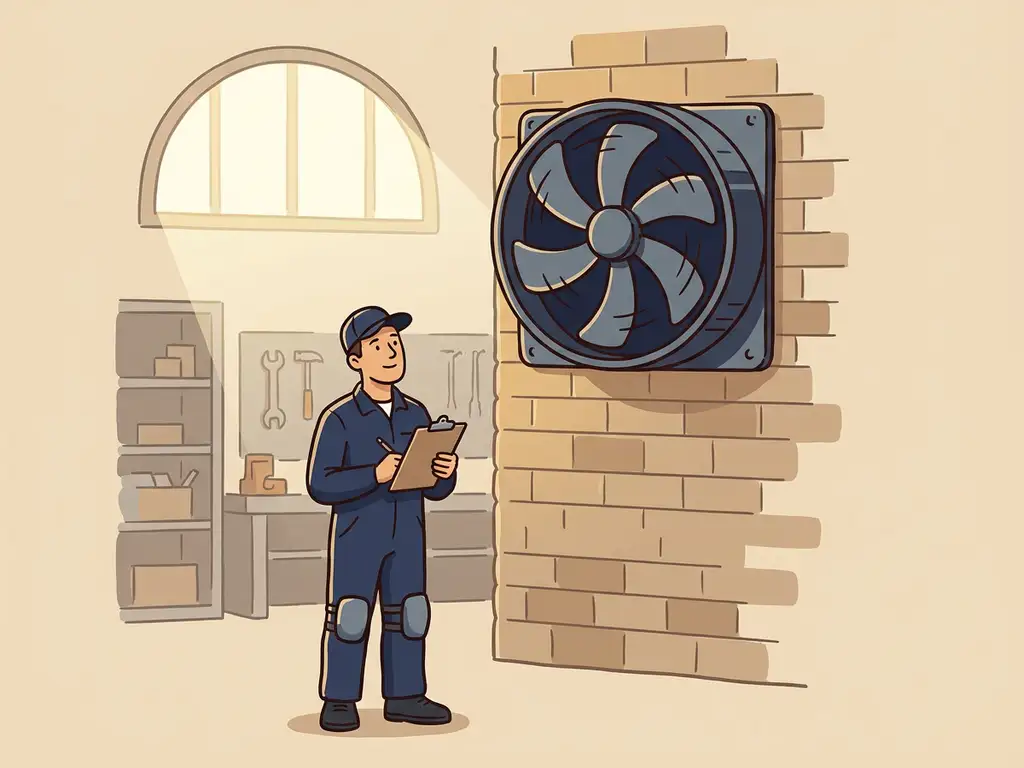 Technicus inspecteert grote industriële ventilator met klembord in werkplaats, illustratie in marineblauw en staalgrijs.