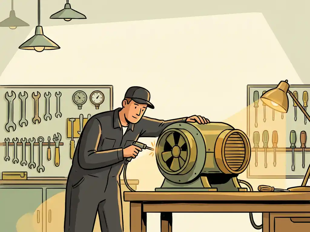 Technicus inspecteert grote industriële ventilator op werkbank met gereedschap, warme werkplaatsverlichting, gestileerde illustratie.