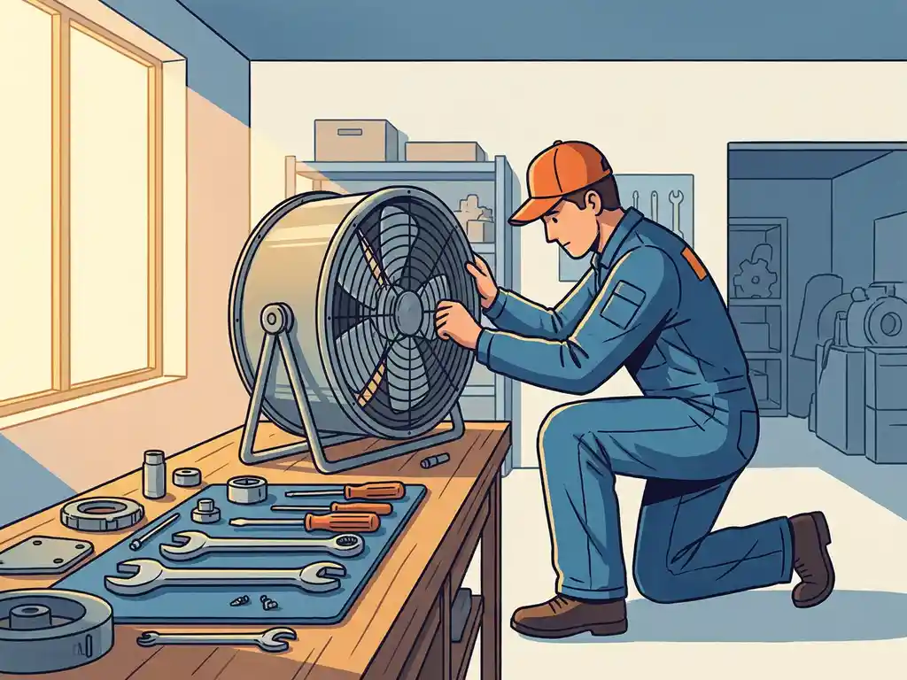 Technicus die een grote industriële ventilator demonteert op een opgeruimde werkbank met georganiseerd gereedschap.