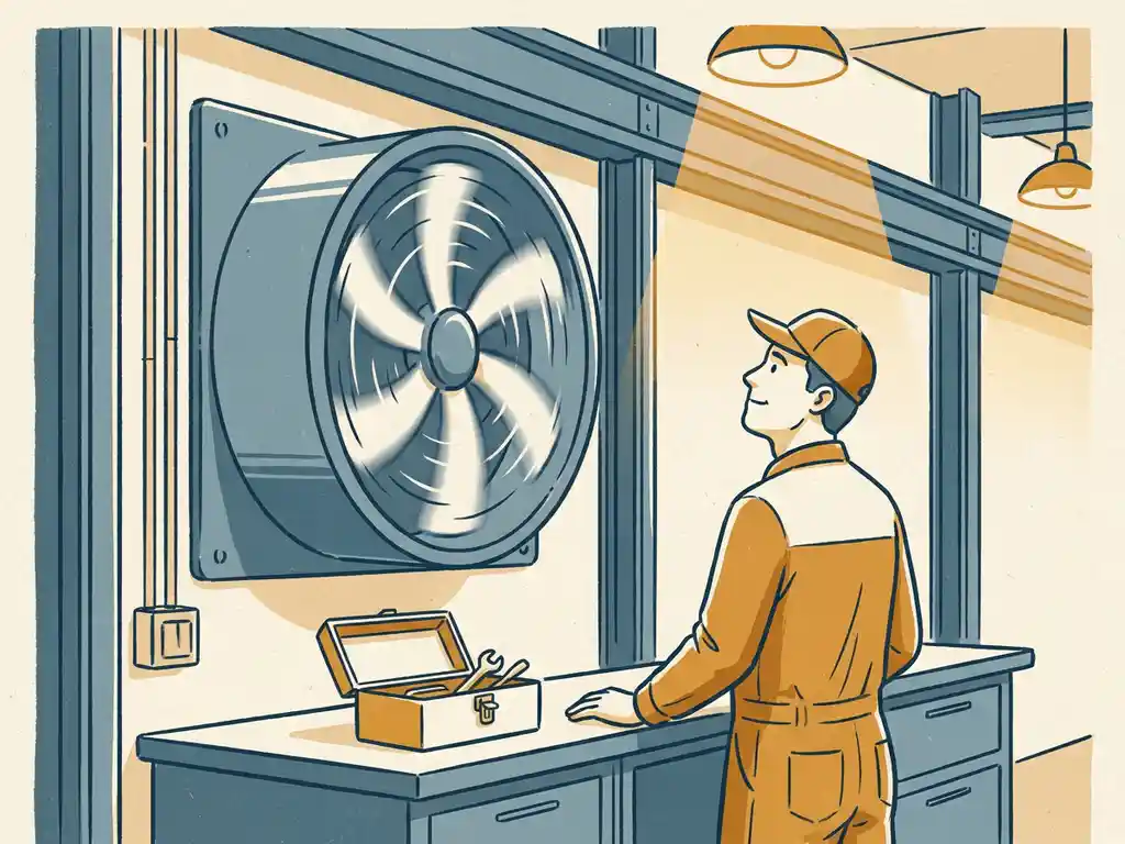 Technicus inspecteert grote industriële ventilator met toolkit in fabriek, illustratie in staalblauwe en amberkleurige tinten.