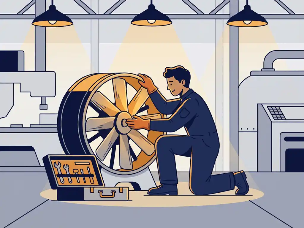 Technicus inspecteert de bladen van een grote industriële ventilator op een fabrieksvloer, gereedschapskist open naast hem.