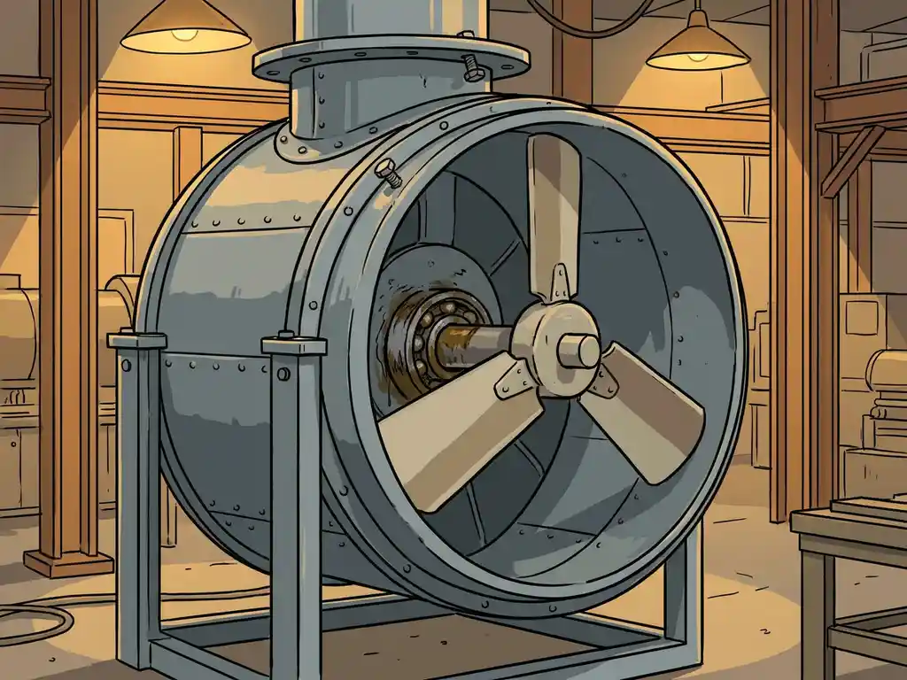 Industriële ventilator in fabriek met losse bout, versleten lager en ongebalanceerde waaier als tekenen van trillingen.