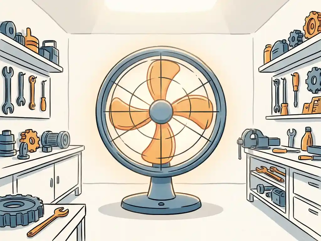 Grote industriële ventilator in een lichte werkplaats met gereedschap en onderdelen, geïllustreerd in staalblauwe en oranje tinten.