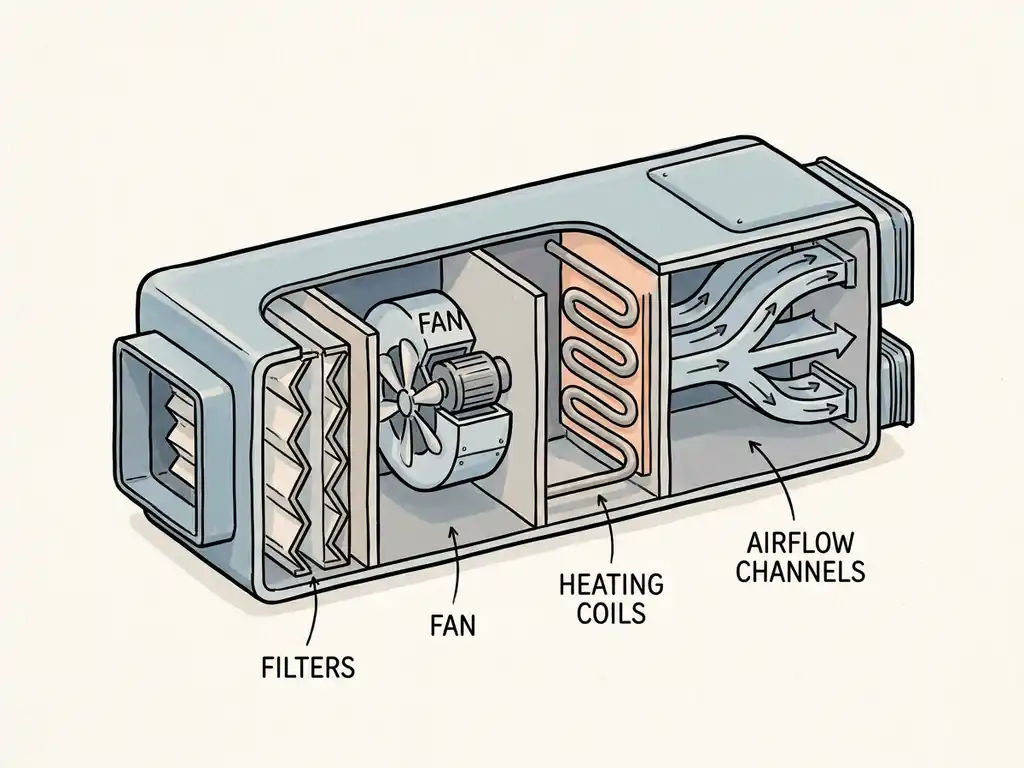 Technische doorsnede-illustratie van een luchtbehandelingsunit met filters, ventilatoren, verwarmingsspiralen en luchtkanalen.