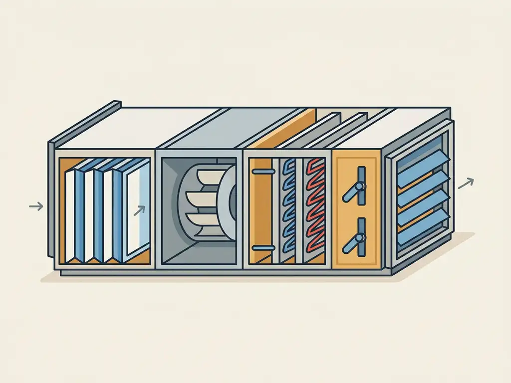 Doorsnede-illustratie van een luchtbehandelingskast met filters, ventilatorbladen, warmtewisselaarspiralen en kleppen in vlakke industriële kleuren.