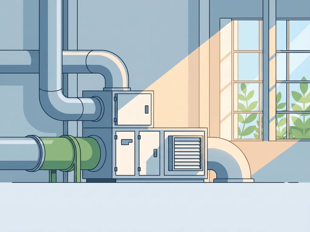 Luchtbehandelingsunit in industriële ruimte met ventilatiekanalen, groen gebladerte zichtbaar door raam, natuurlijk licht.
