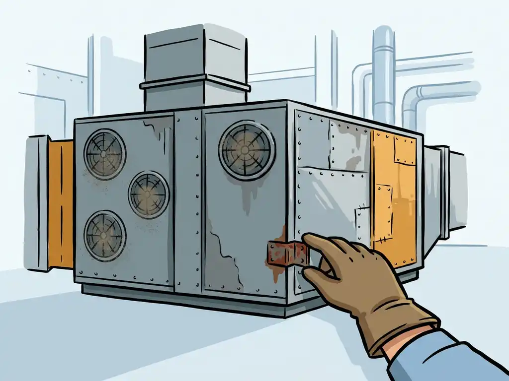 Technicus inspecteert verouderde industriële luchtbehandelingsunit met roestige componenten en stoffige ventilatiegrilles in een fabriek.