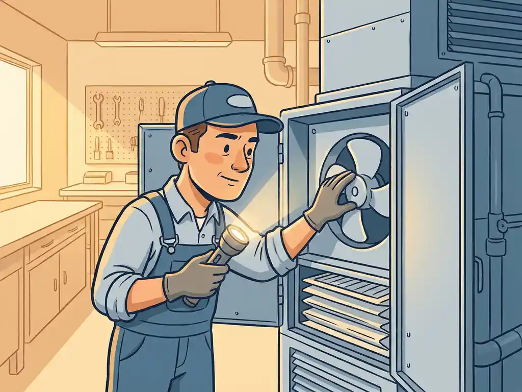 Technicus inspecteert ventilatorbladen en filters in een open luchtbehandelingsunit binnen een industriële faciliteit.