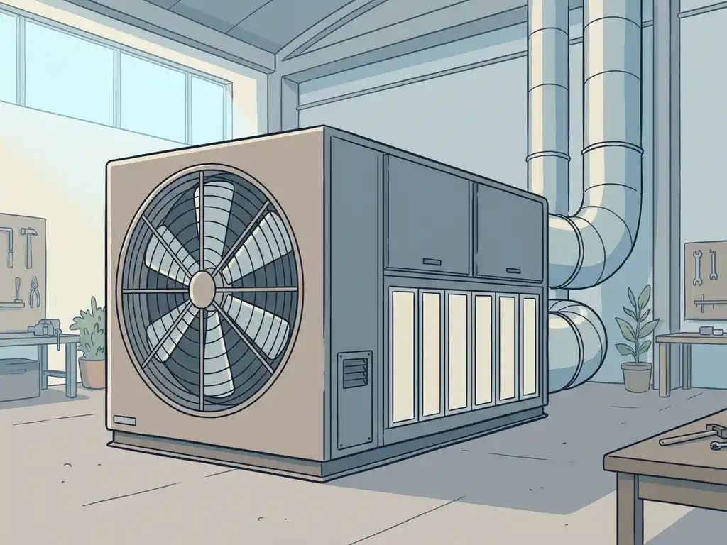 Industriële luchtbehandelingsunit met ventilatiekanalen, ventilatorbladen en filterpanelen in een werkplaatsomgeving.