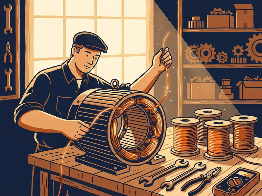 Technicus die koperen spoelen nawikkelt in een open industriële elektromotor op een werkbank, met gereedschap en warm natuurlijk licht.