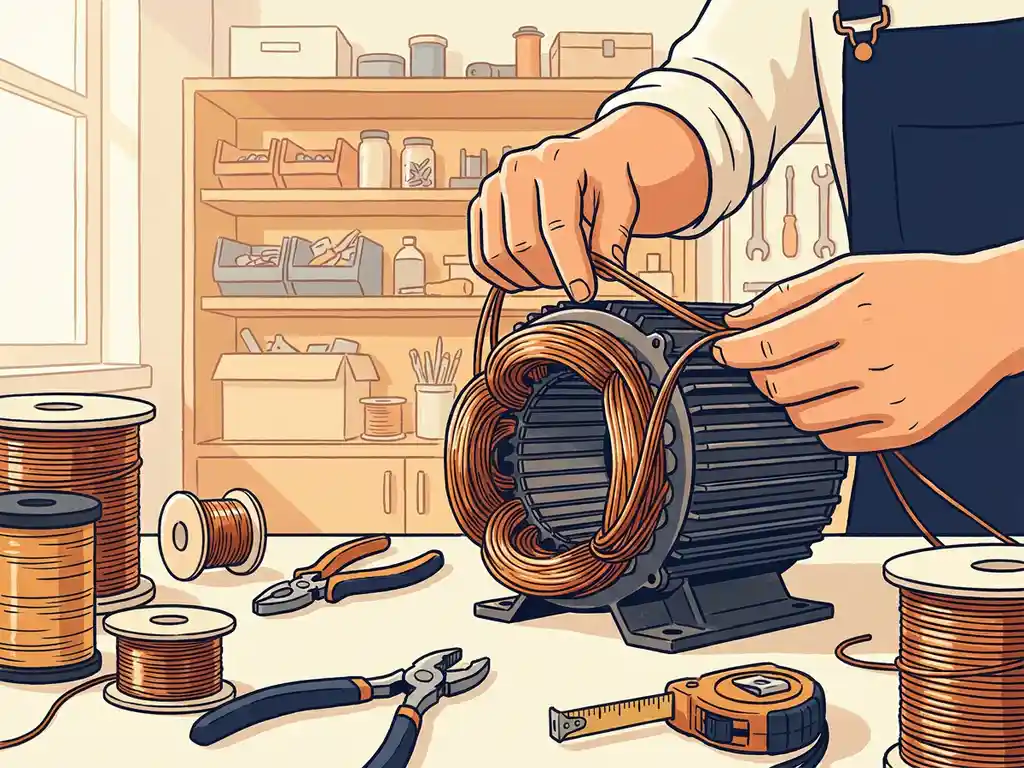 Technicus wikkel koperdraad om de stator van een elektromotor, met spoelen en precisiegereedschap op de werkbank.