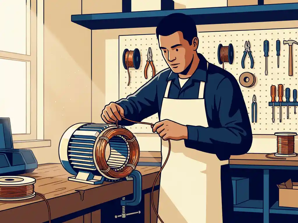 Technicus verwikkelt koperen spoelen om een elektromotorkern op een werkbank, omgeven door gereedschap in een warme werkplaats.