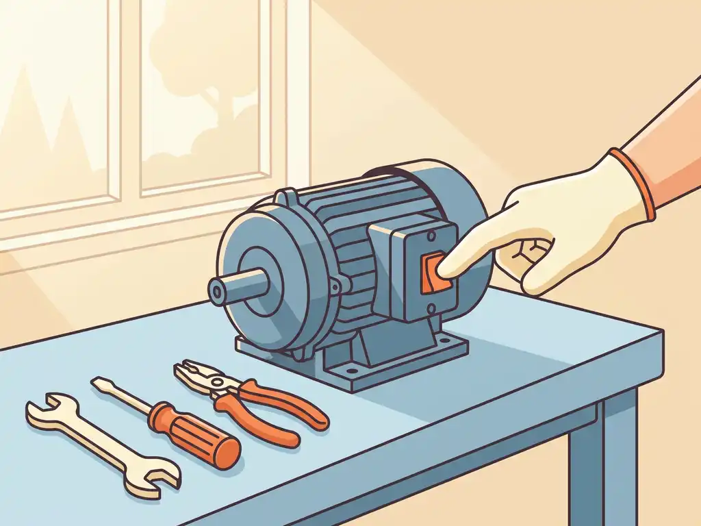 Technicus reset een motorbeveiliging op een compacte elektrische motor aan een nette werkbank.