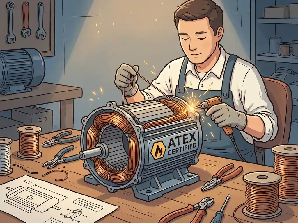 Technicus die koperen wikkelingen herwindt in een geopende ATEX-gecertificeerde elektromotor, met gereedschap op werkbank.