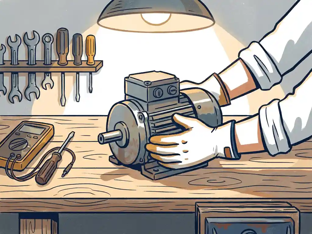 Technicus die een compacte industriële elektromotor onderhoudt op een georganiseerde werkbank in een warme werkplaats.