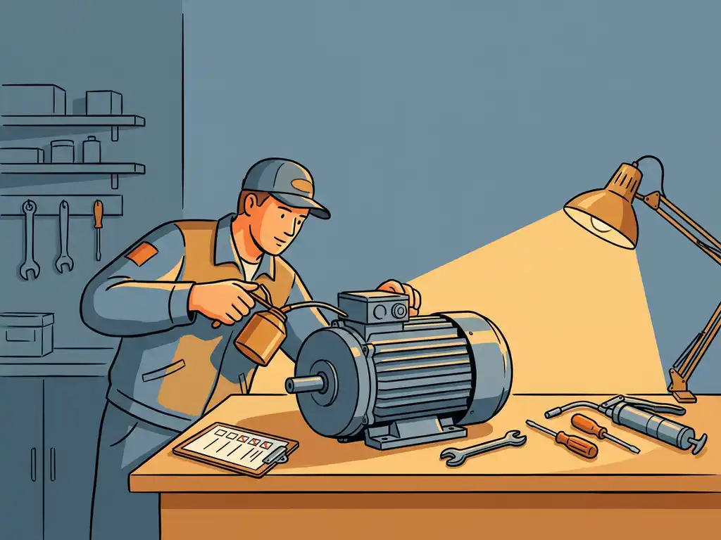 Technicus smeert en inspecteert grote industriële elektromotor op werkbank, gereedschap en onderhoudslijst zichtbaar.