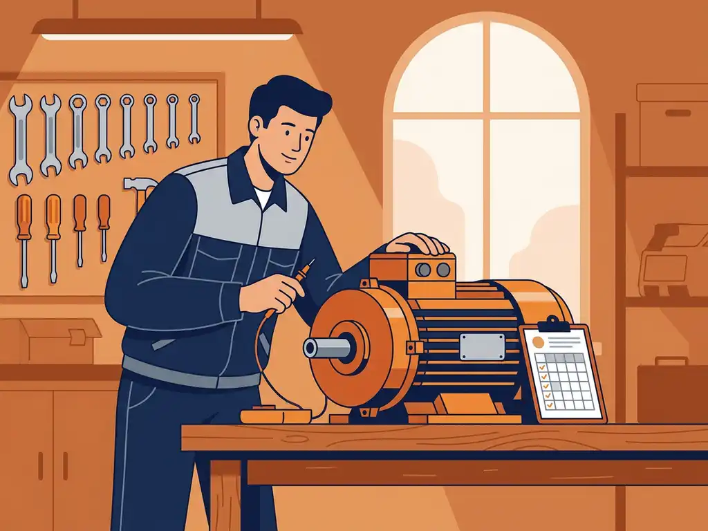 Technicus inspecteert grote industriële elektromotor op werkbank met gereedschap en onderhoudsschema klembord in werkplaats.