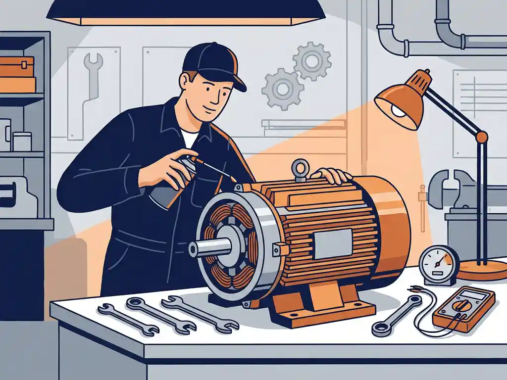 Technicus smeert en inspecteert een grote industriële elektromotor op een werkbank, gereedschap netjes gerangschikt.
