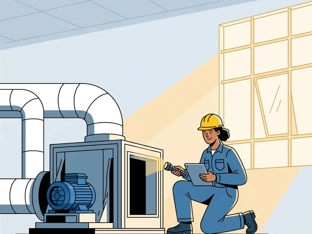 Technicus inspecteert grote industriële luchtbehandelingsunit in fabriek, met ventilatieslangen en motoronderdelen zichtbaar.