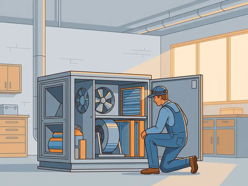 Technicus in overall inspecteert open paneel van luchtbehandelingsunit met ventilatoren en filters in industriële werkplaats.