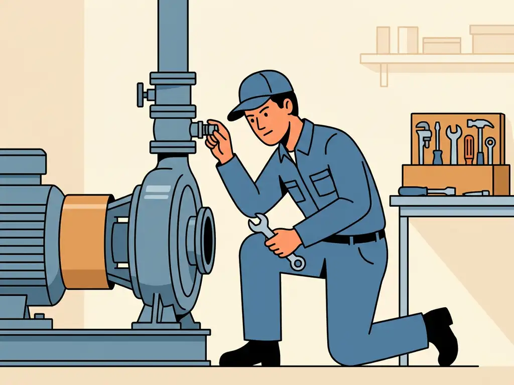 Technicus inspecteert industriële pomp met moersleutel in nette werkplaats, controleert afdichtingen en fittingen.