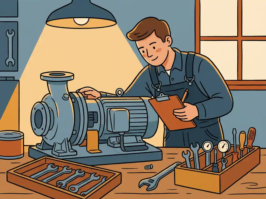 Technicus in overall inspecteert grote industriële pomp op werkbank, noteert bevindingen op klembord, gereedschap netjes gerangschikt.
