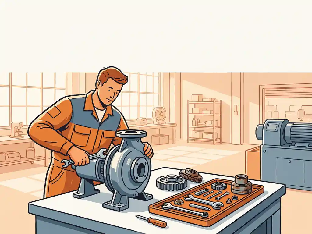 Technicus demonteert industriële pomp op werkbank, gereedschap en versleten onderdelen netjes gerangschikt in heldere reparatiewerkplaats.