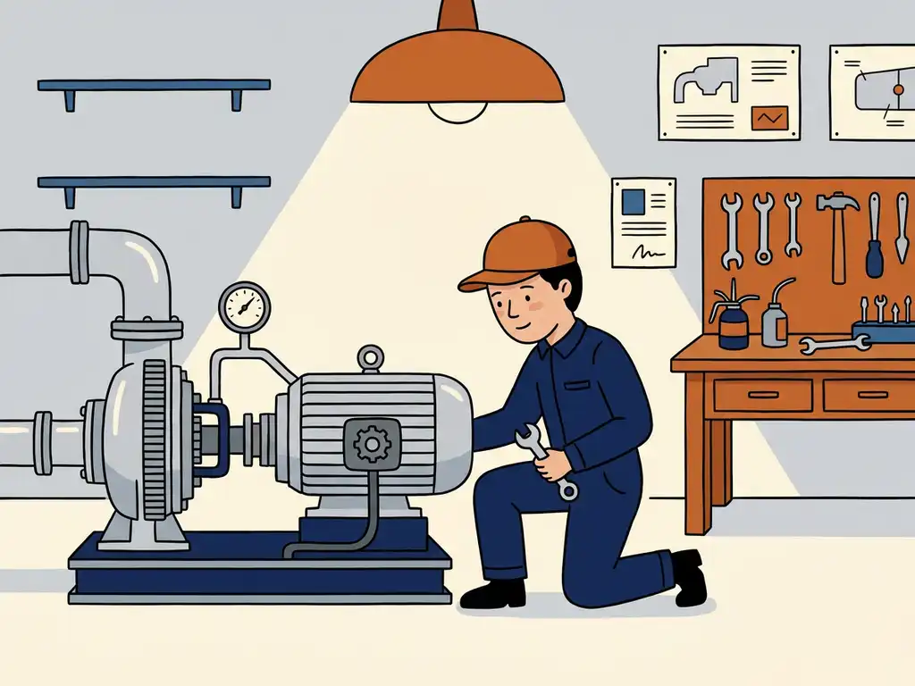 Technicus repareert industriële pomp in werkplaats met gereedschap op werkbank.