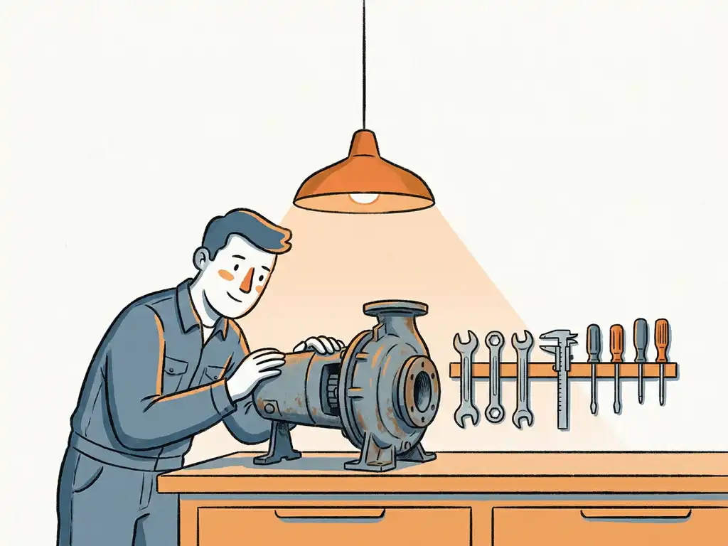 Technicus inspecteert versleten industriële pomp op werkbank met gereedschap, warme werkplaatsverlichting, illustratiestijl.