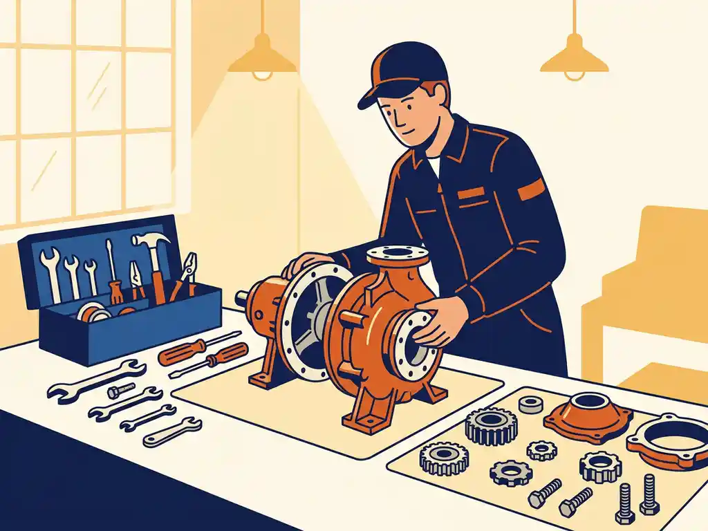 Technicus die een grote industriële pomp demonteert op een werkbank, gereedschap netjes gerangschikt, vlakke illustratiestijl.