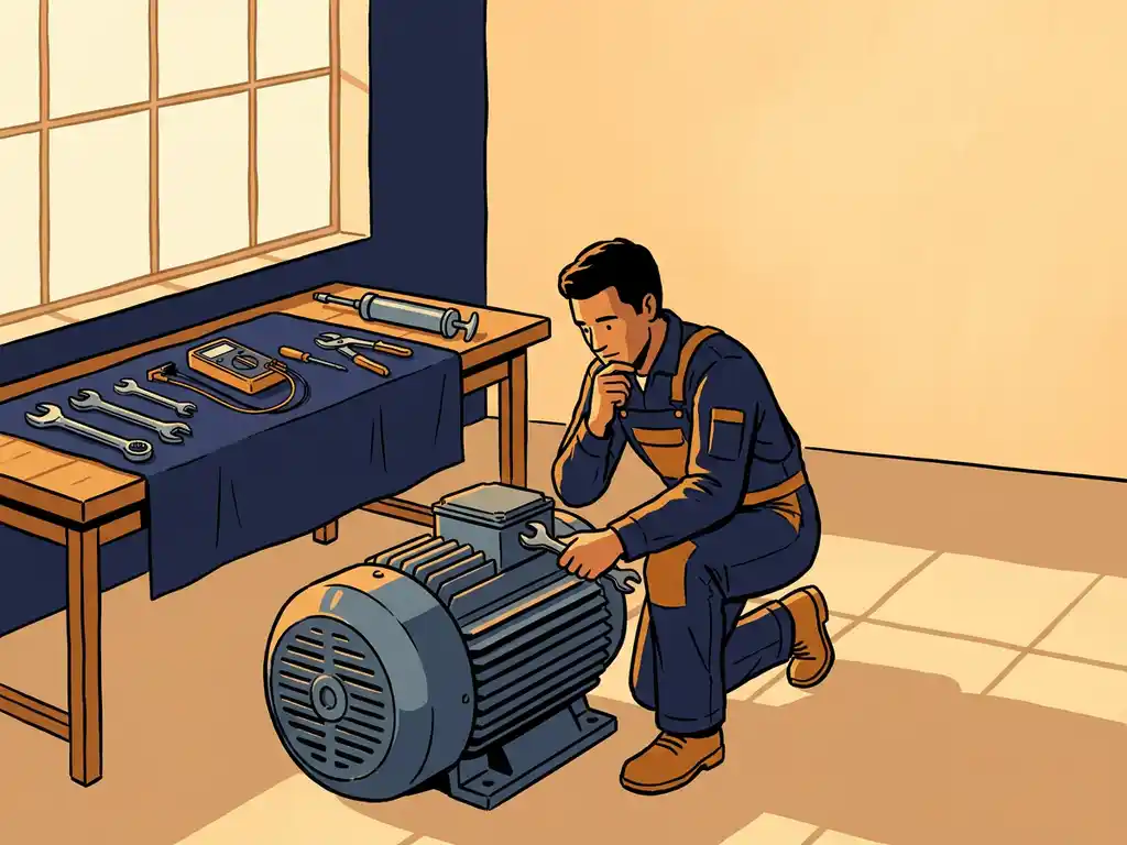 Technicus voert preventief onderhoud uit op grote industriële elektromotor in overzichtelijke werkplaats met gereedschap op de voorgrond.
