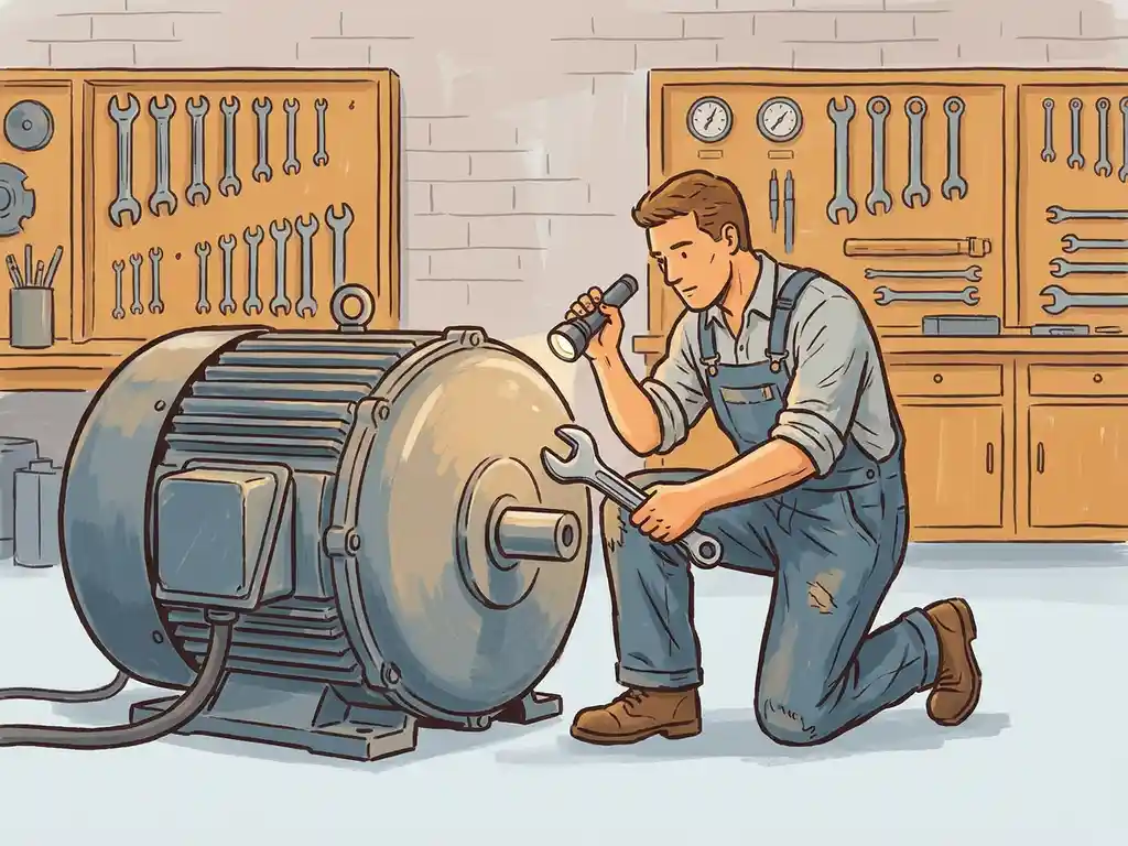 Technicus voert preventief onderhoud uit op grote industriële elektromotor met moersleutel in nette werkplaats.