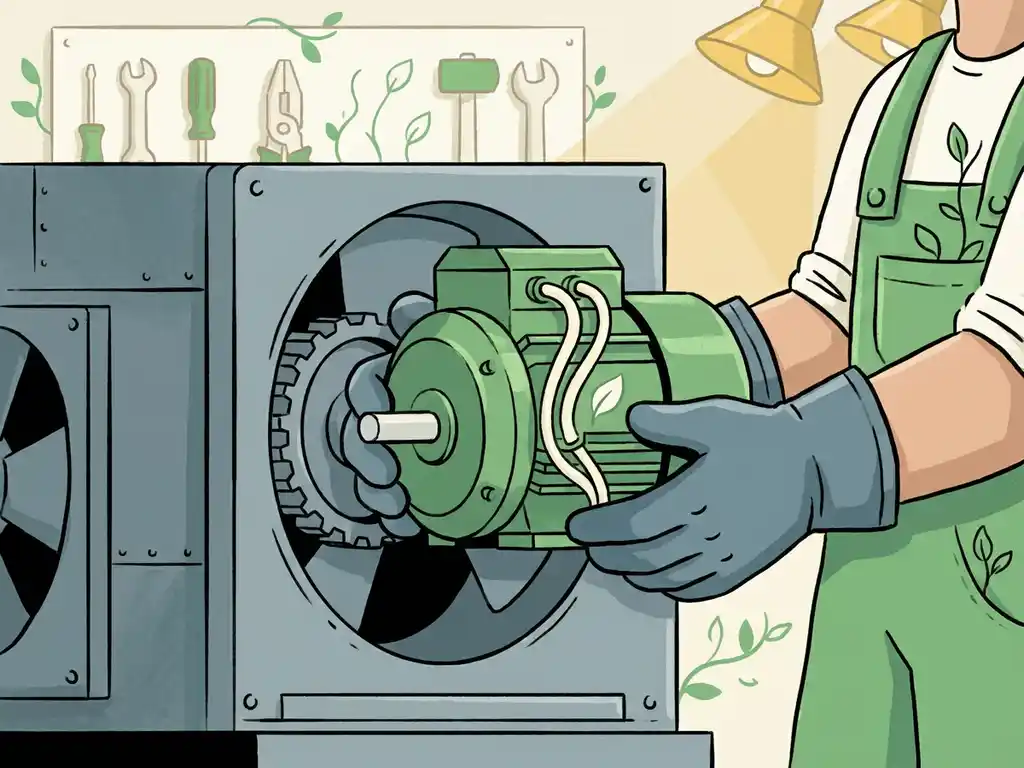 Technicus installeert energiezuinige motor in industriële ventilatie-unit tijdens retrofit, groene bladdetails in werkplaatsomgeving.