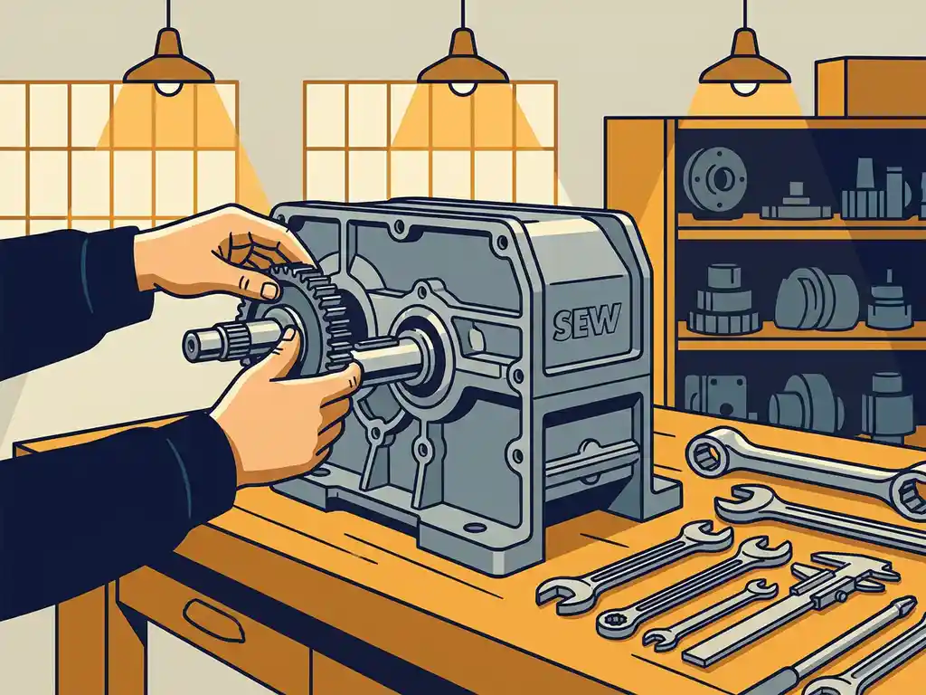 Technicus die een SEW-tandwielkast nauwkeurig hermonteerd op een werkbank, met precisiegereedschap in een industriële werkplaats.