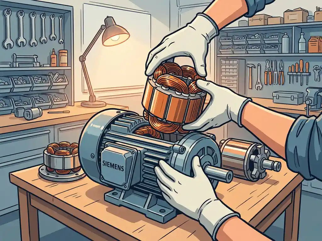 Technicus plaatst herwikkelde koperen spoel in Siemens elektromotor tijdens revisie op werkbank.