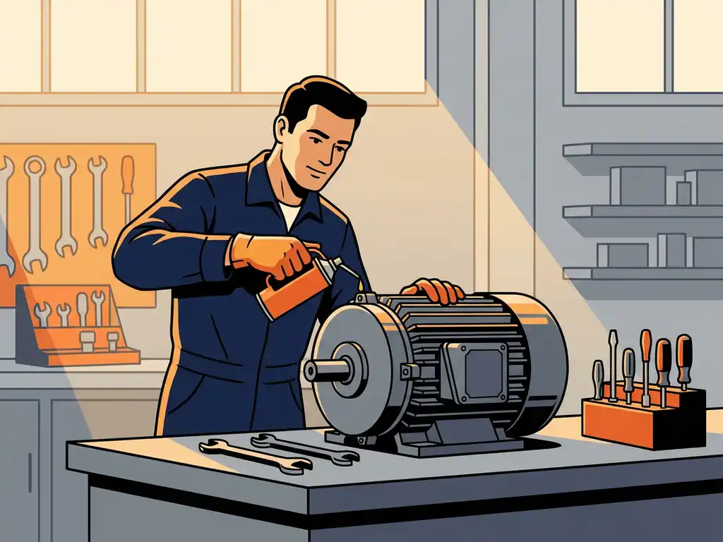 Technicus smeert een grote industriële elektromotor op een werkbank, gereedschap netjes gerangschikt, illustratiestijl.