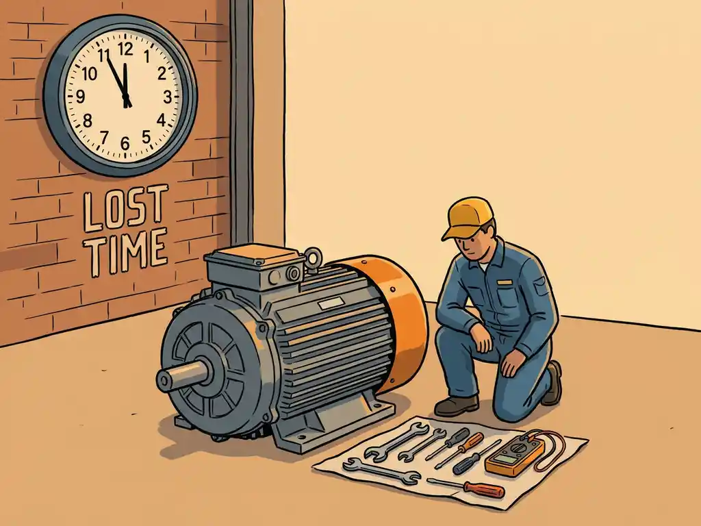 Technicus knielt naast een grote stilstaande industriële elektromotor op een werkplaatsvloer, wandklok zichtbaar op de achtergrond.