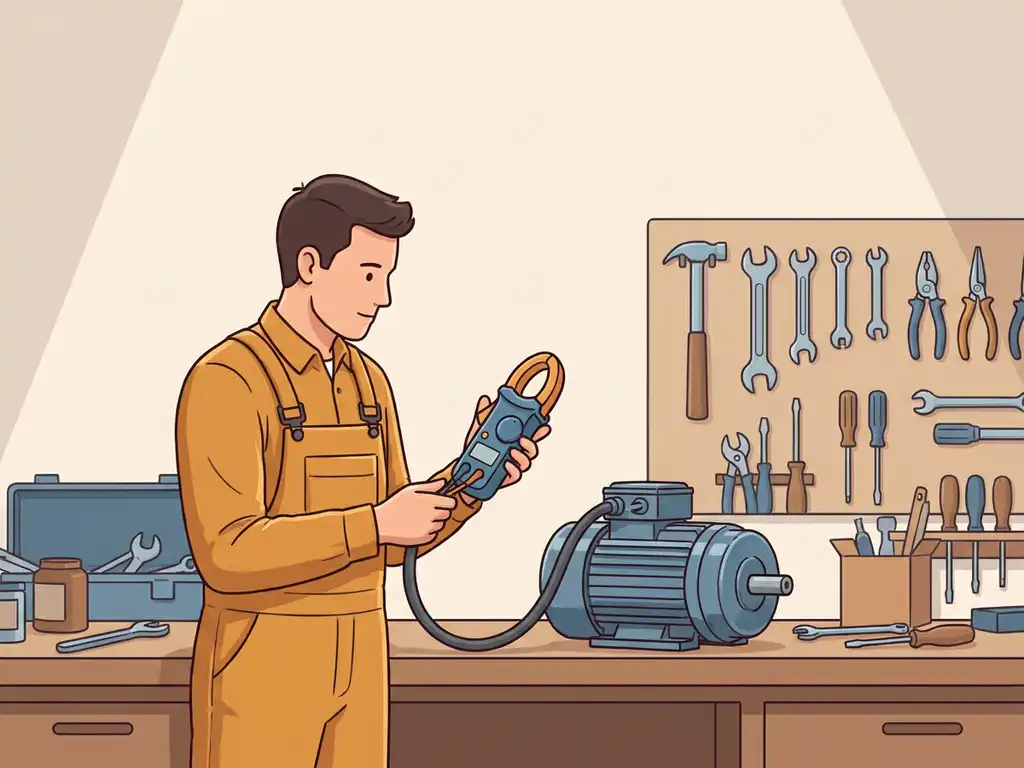Technicus meet stroomverbruik van elektromotor met stroomtang om industriële voedingskabel in werkplaats.