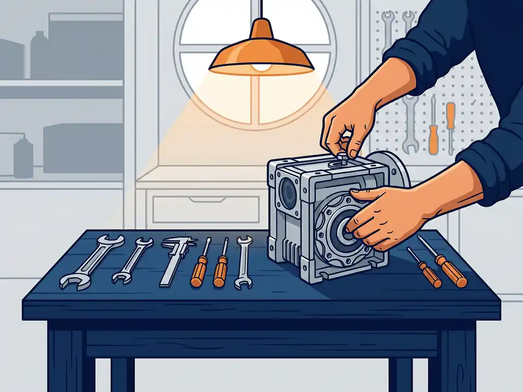 Technicus herstelt industriële versnellingsbak op werkbank, omringd door precisiegereedschap in warme werkplaatsverlichting.